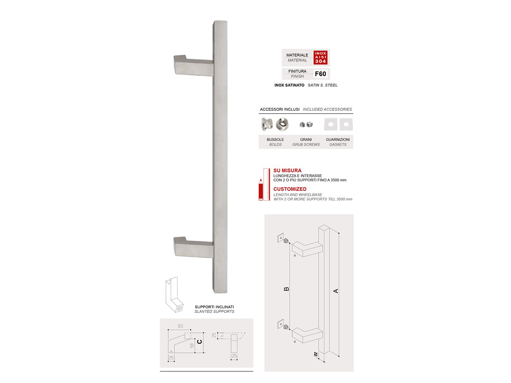 Maniglione Panama Inclinato d.25x25 interasse 350 mm.500x65h Varie finiture | Fimet Maniglie - immagine 1
